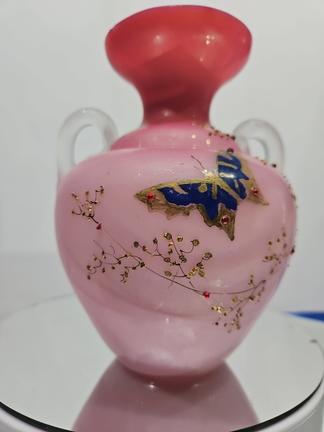 Art Glass Vase w/ handles Cased Pink white Peach Blow butterfly enamel victorian