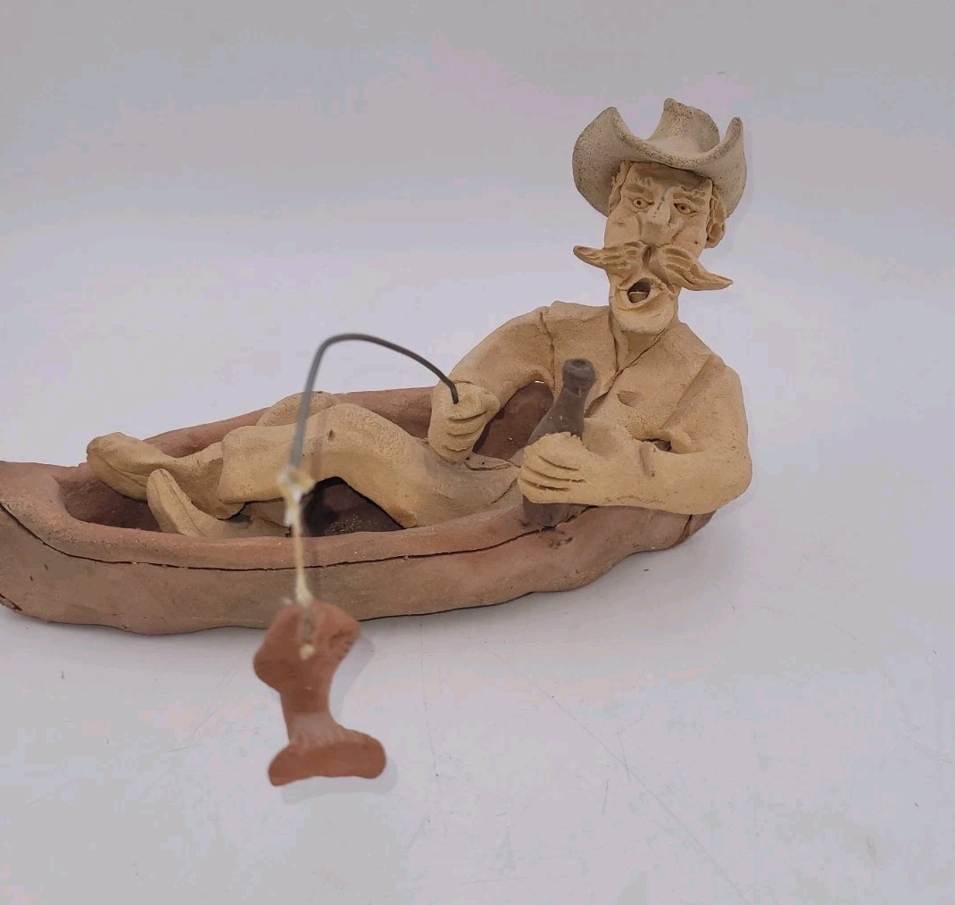 Vtg Signed Tom Schoolcraft Sculptures Canoe Fishing Cowboy 9″ Pottery Sedona