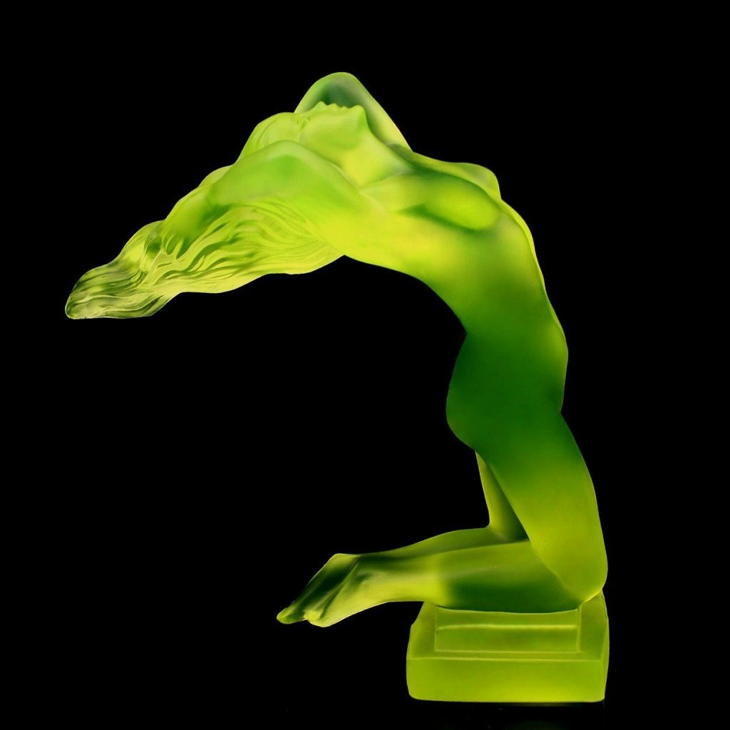 Art Deco Hood Ornament ‘ Chrysis ‘ Vaseline Uranium Glass 1930’ H.Hoffmann