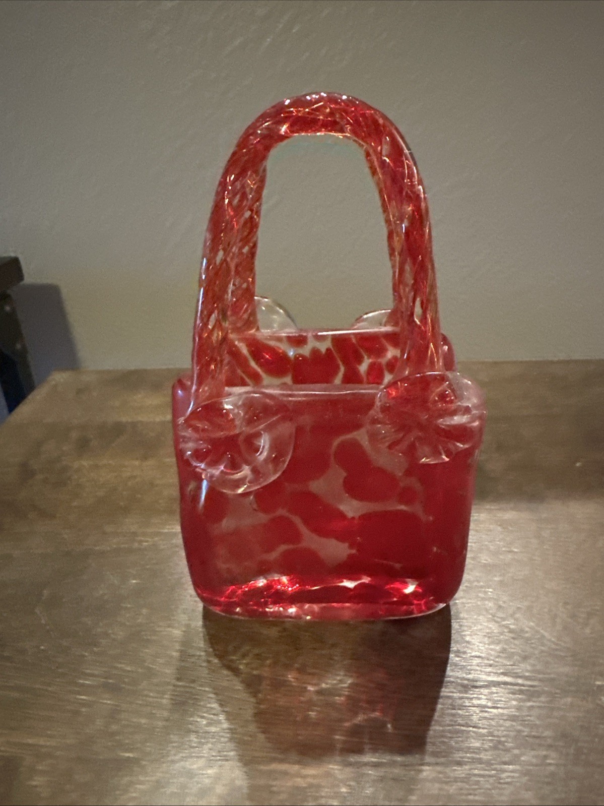 Vintage Murano Style Hand-Blown Red Art Glass Bag Purse Vase 6 1/2 Inches Tall