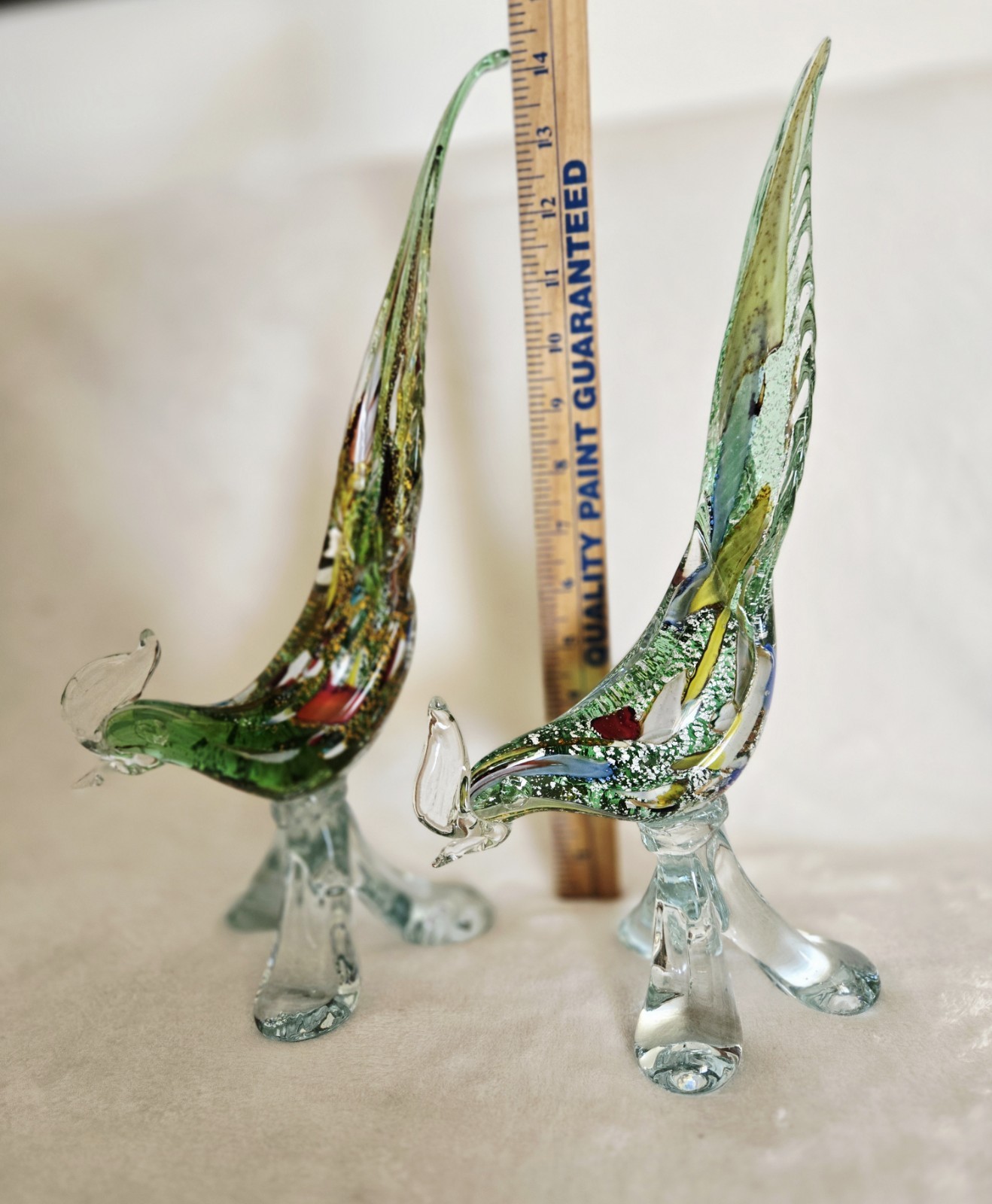 RARE 2 MURANO ITALY Multi-Colored Hand Blown Glass BIRD Pheasant Figurines