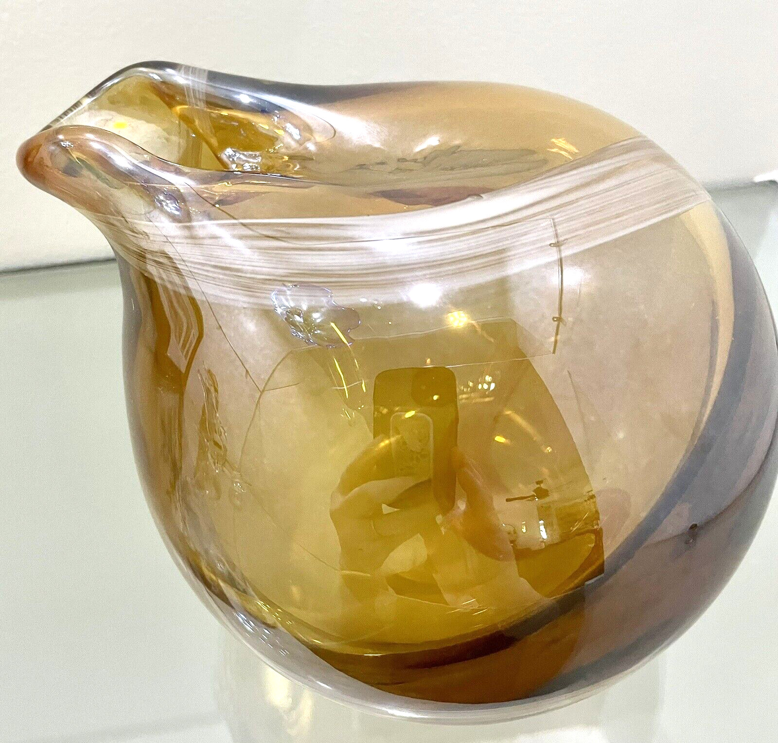 Amber W/White Swirl Heavy Hand Blown Art Glass Vase/Pitcher 5″ T x 6” W 3lb 7oz