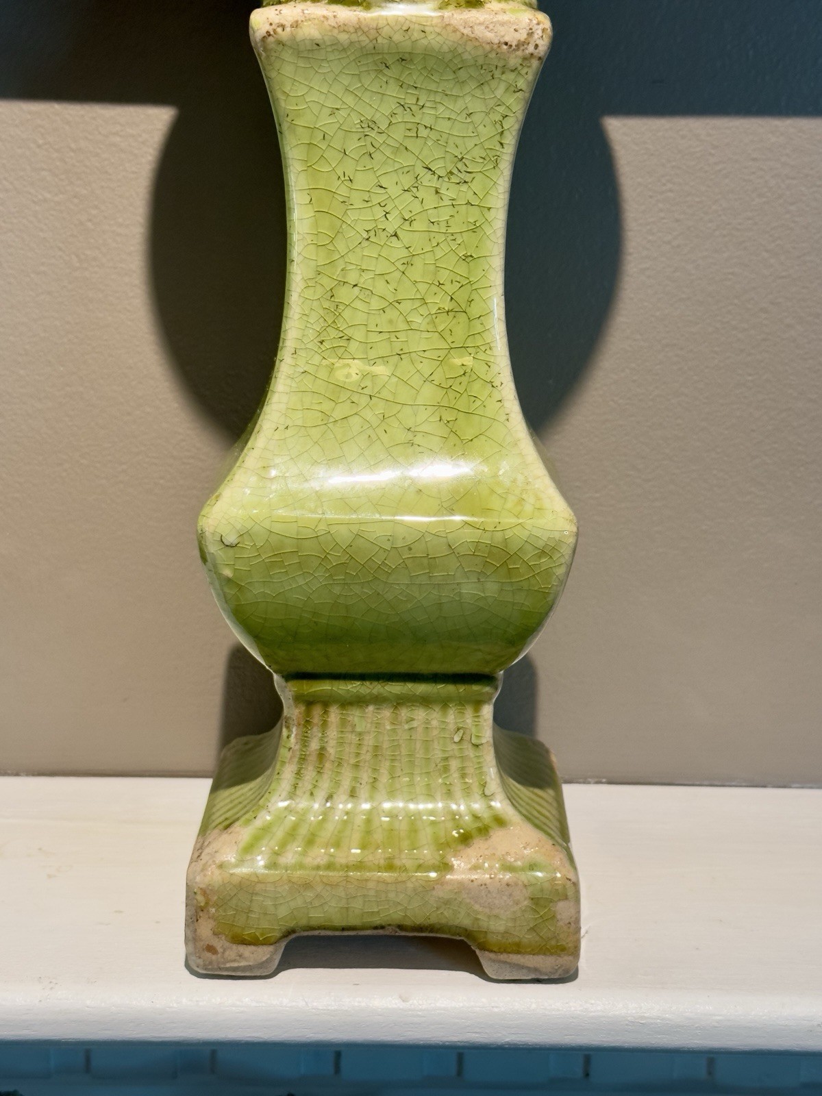 Chartreuse Chunky Green Crackle Glazed Ceramic Pillar Candle Holder 12.5″