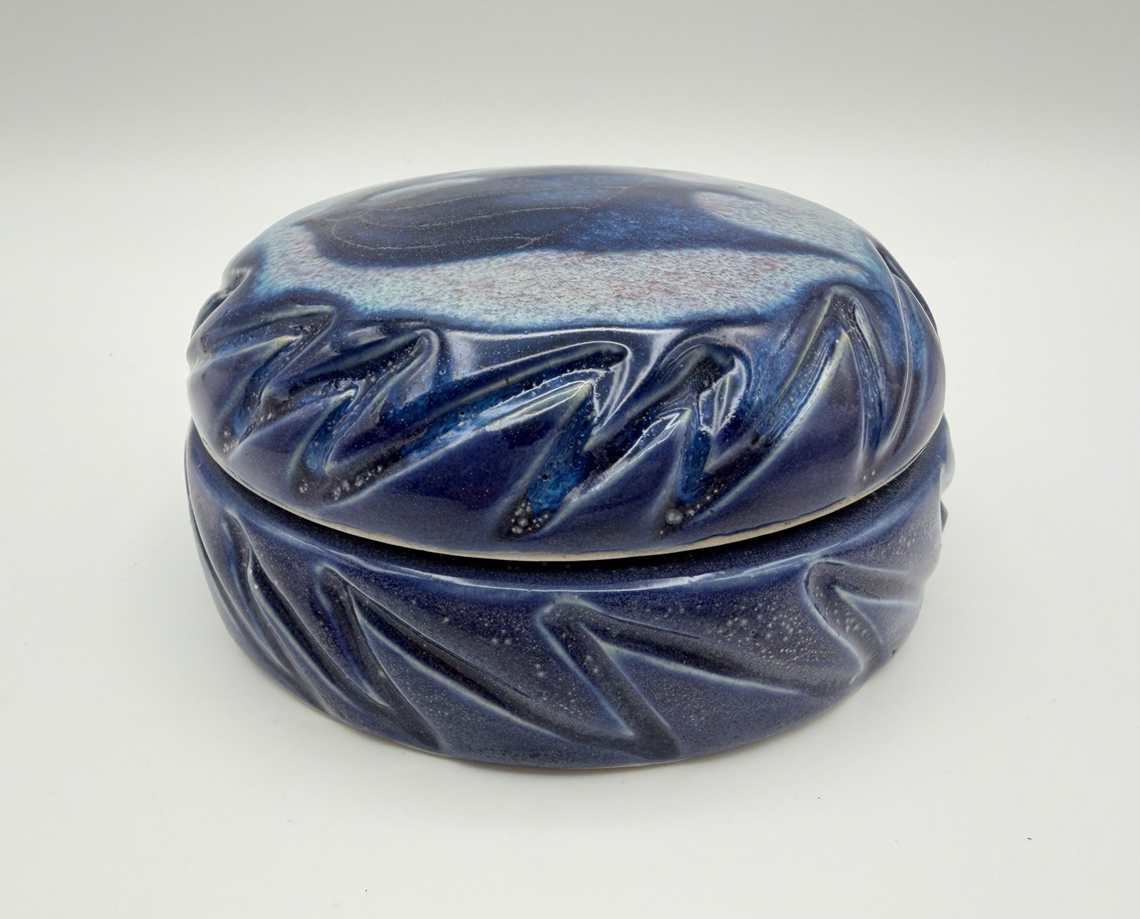 Studio Art Pottery Blue Glazed Lidded Trinket Box with Fish 4.5” Signed Susan