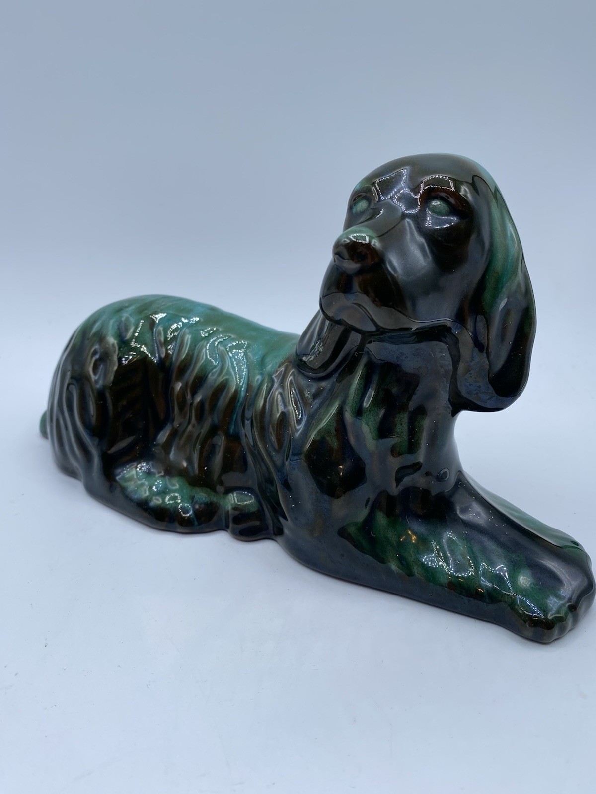 Blue Mountain Pottery VTG Teal Drip Glaze Spaniel Dog Figurine Sculpture
