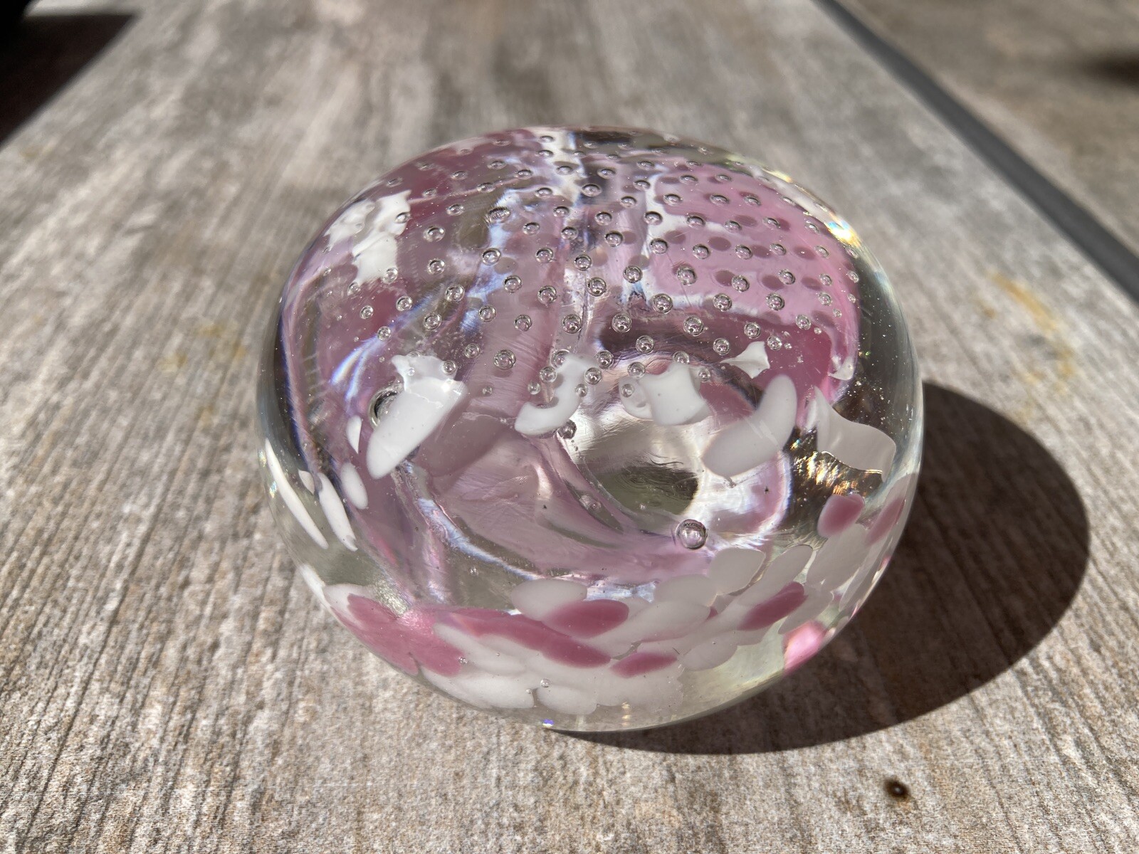 Vintage Clear Glass Paperweight Pink White Swirls Controlled Bubbles Signed Sam