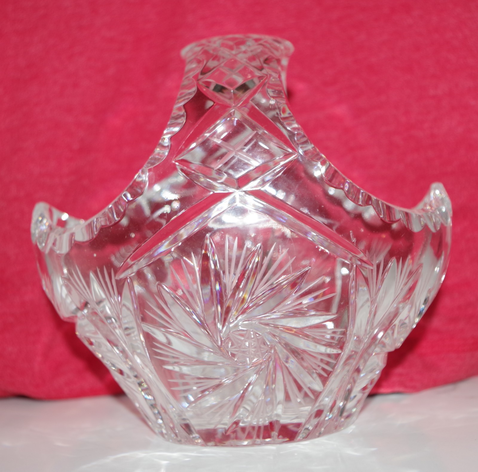 Vintage Mid-Century Bohemian Starburst Lead Cut Crystal Bowl Basket 5-3/4″ x 6″
