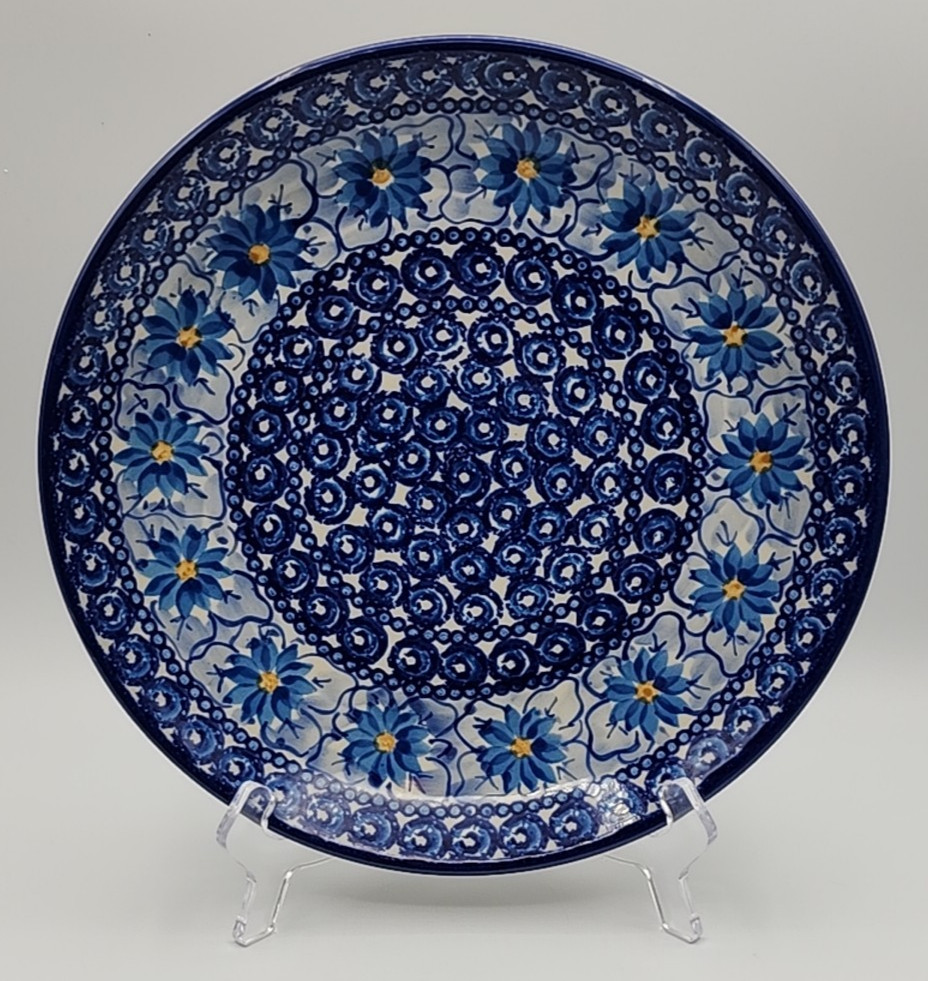 Unikat Bolesławiec Pottery Wall Plate 10 1/2″ Blue Daisy Lucyna Lenkiewicz