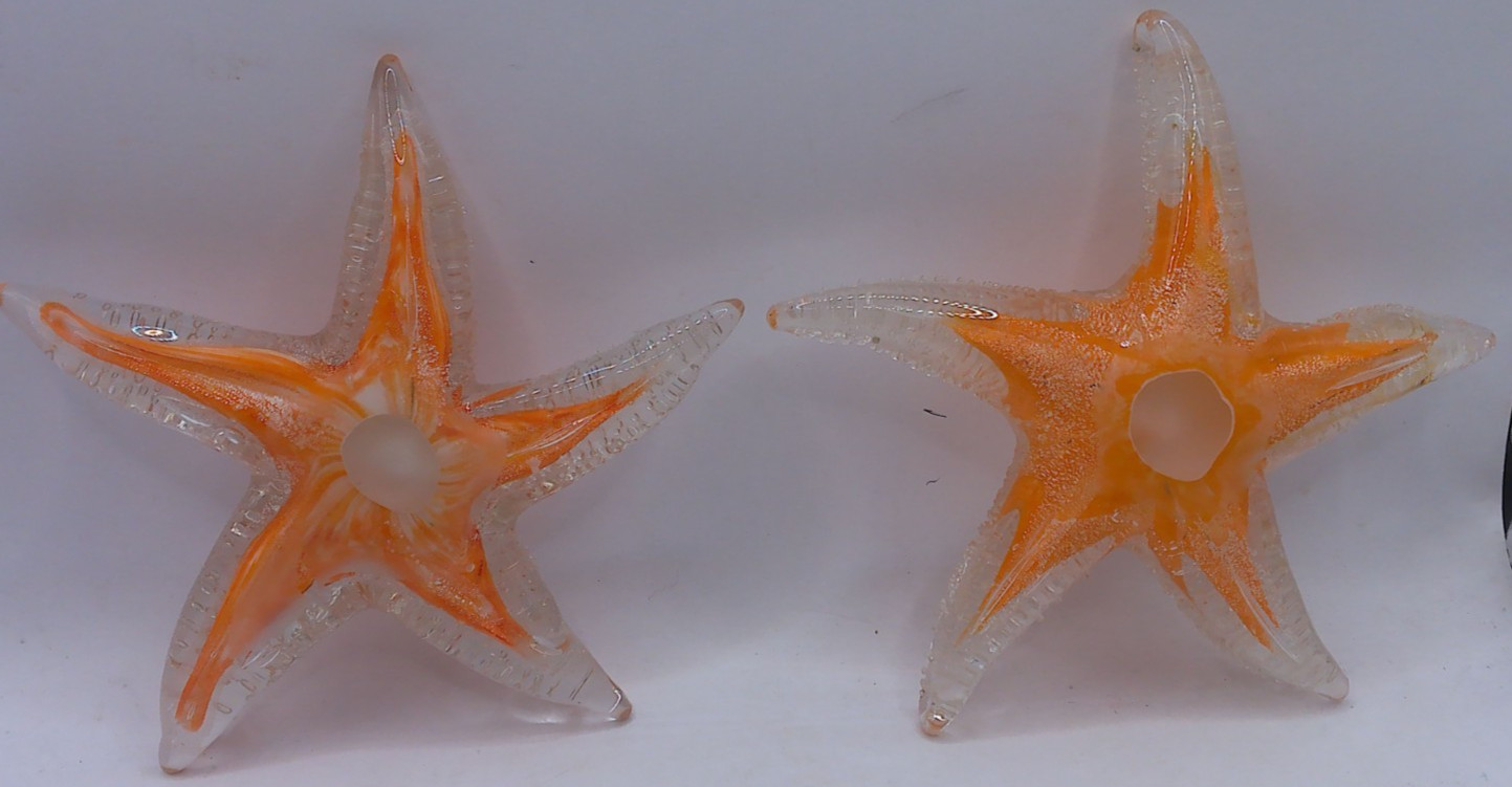 2 Solid Glass Art Glass, Orange Starfish, Rare
