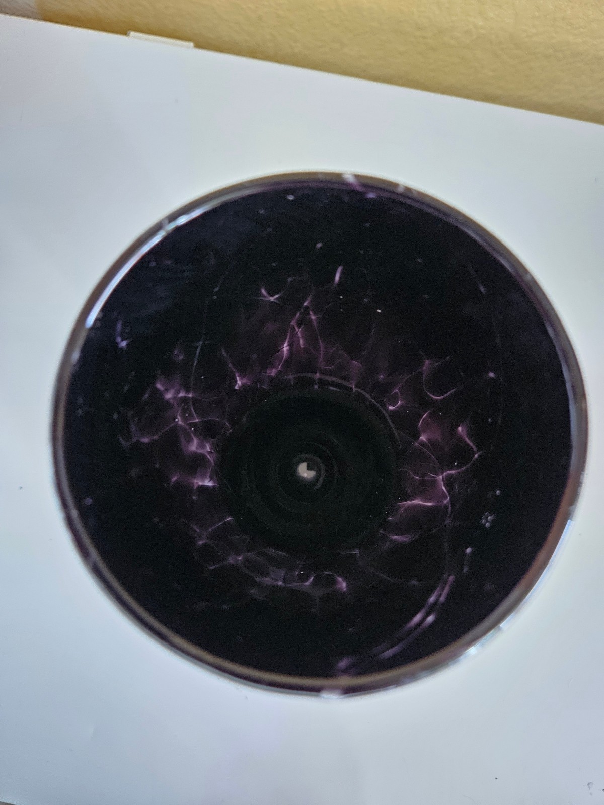 Art Glass Hand Blown Black Marbled White Vase Clear Stem Base Curled Leaf 11″