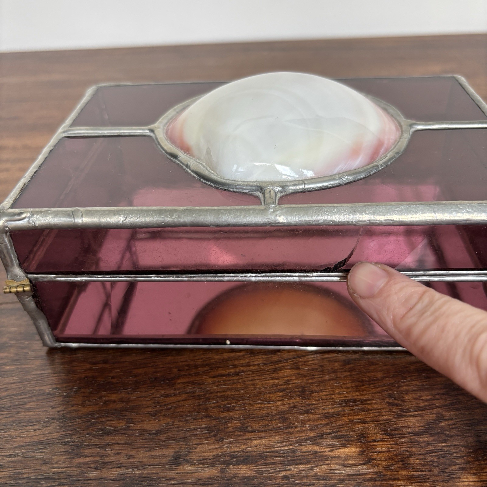 Vintage Sea Shell Stained Glass Trinket Jewelry Box, Pink Glass
