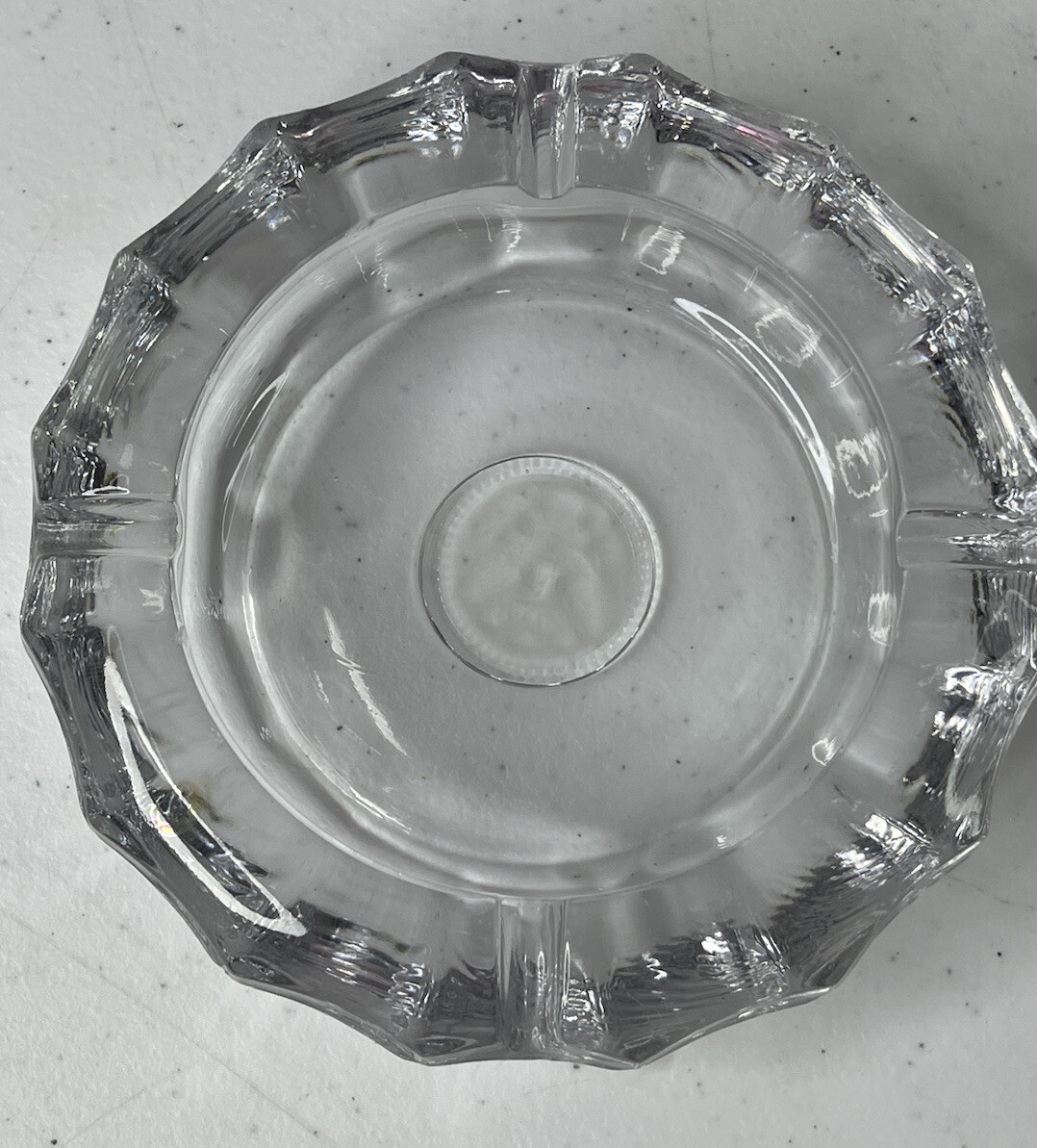 Vintage Fostoria Glass Ashtray 1887 Eagle Coin Center Heavy Clear Cigarette 5.5″