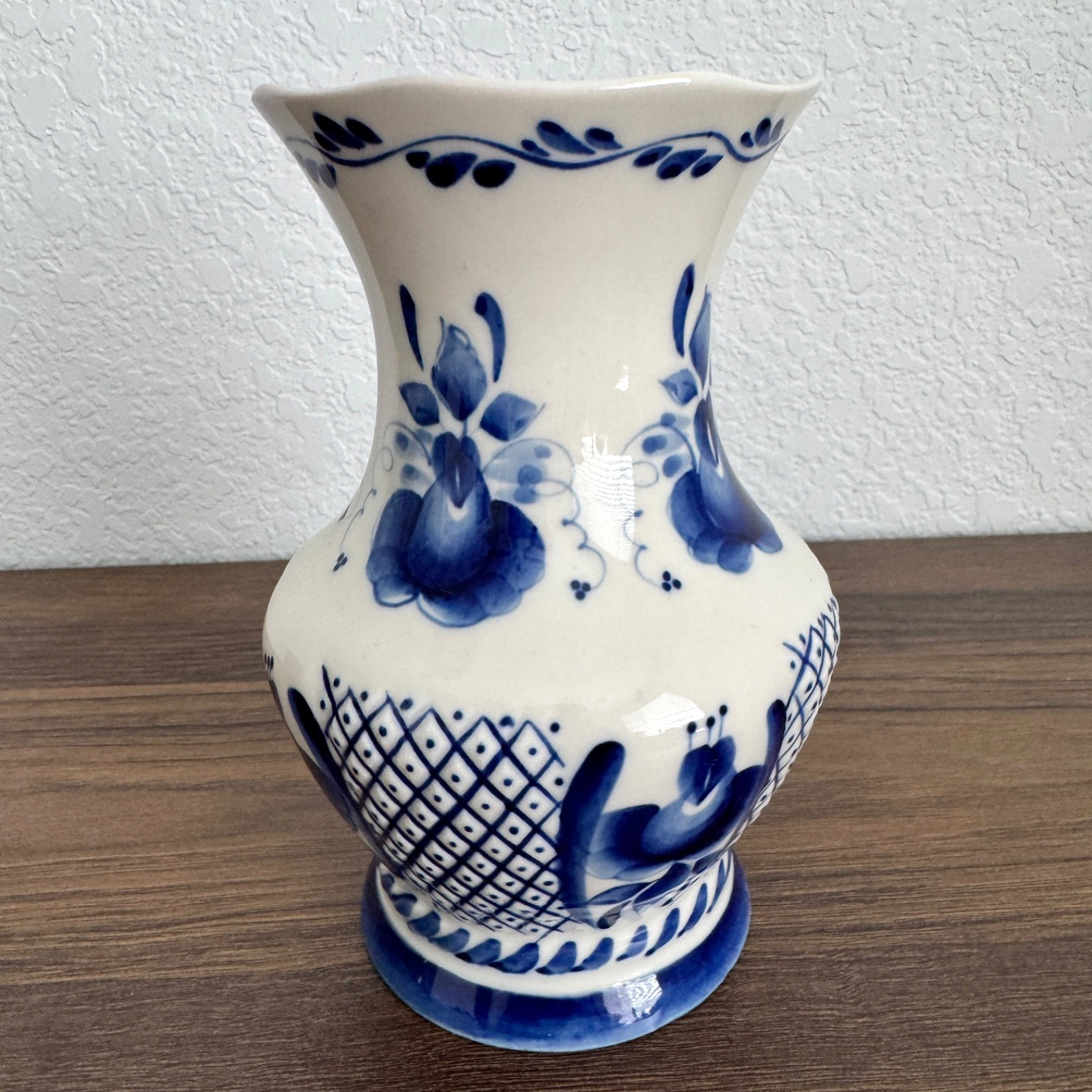 Vintage Gzhel Russian Porcelain Hand Made Floral Vase Stamped Blue and White