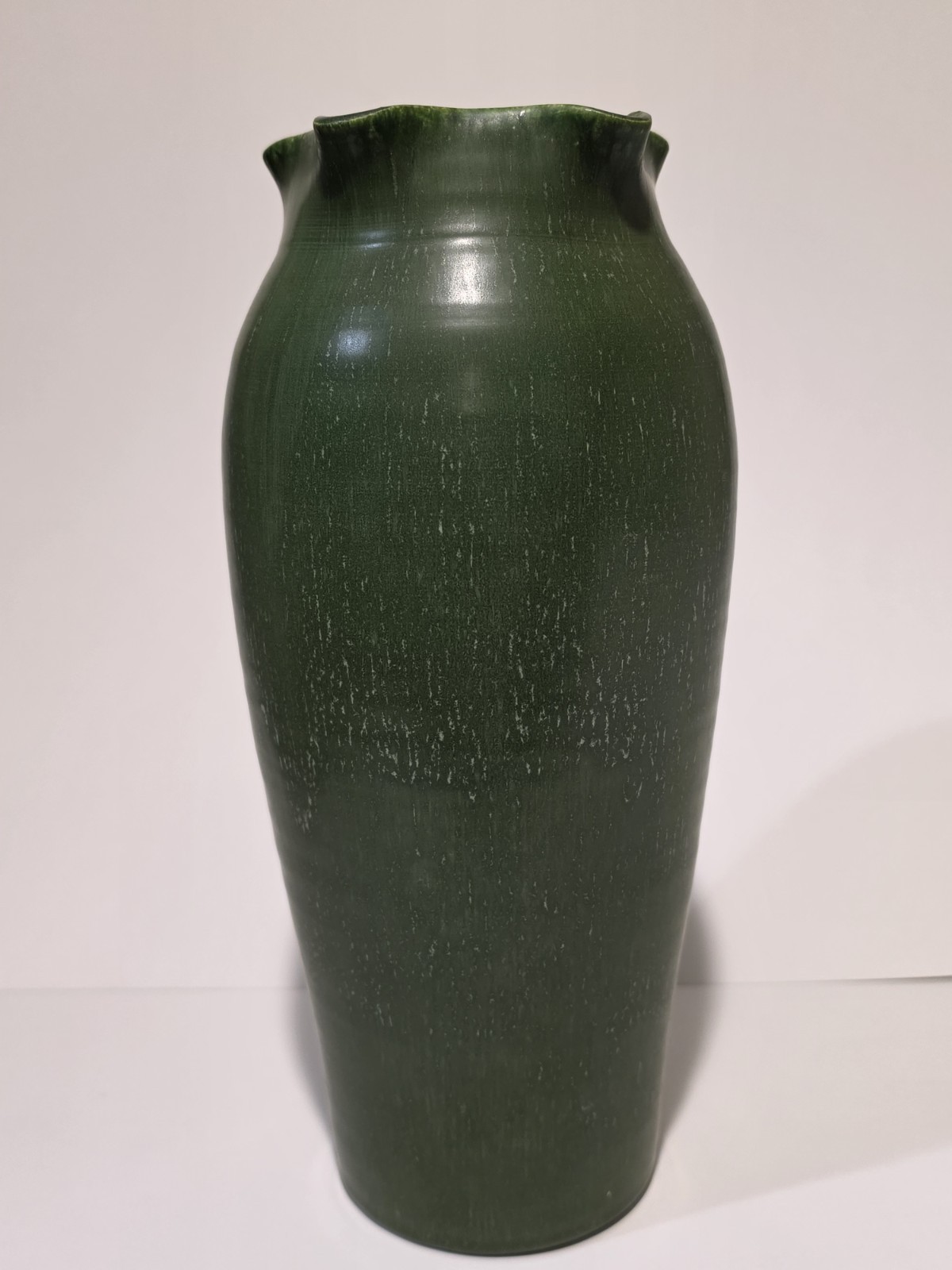 Ephraim Faience Raised Iris Vase Signed By Kevin Hicks 11.5″ Green Glossy Finish