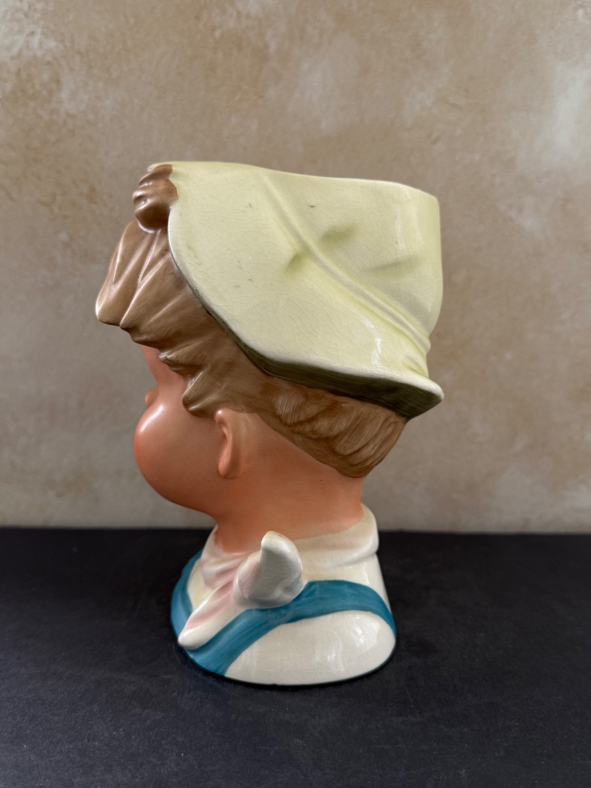 VINTAGE LADY HEAD VASE BRINNS BLONDE YOUNG BOY HAT SCARF 6.5”