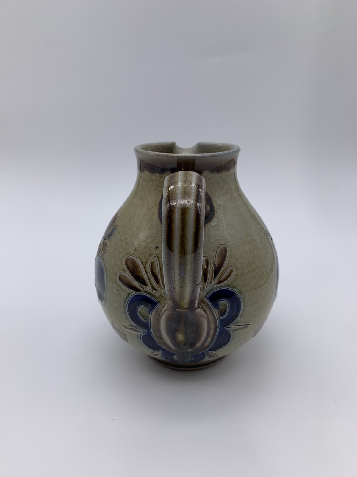 Vintage Studio Art Pottery Pitcher /Vase Salt Glazed Peacock Pattern Signed B.h