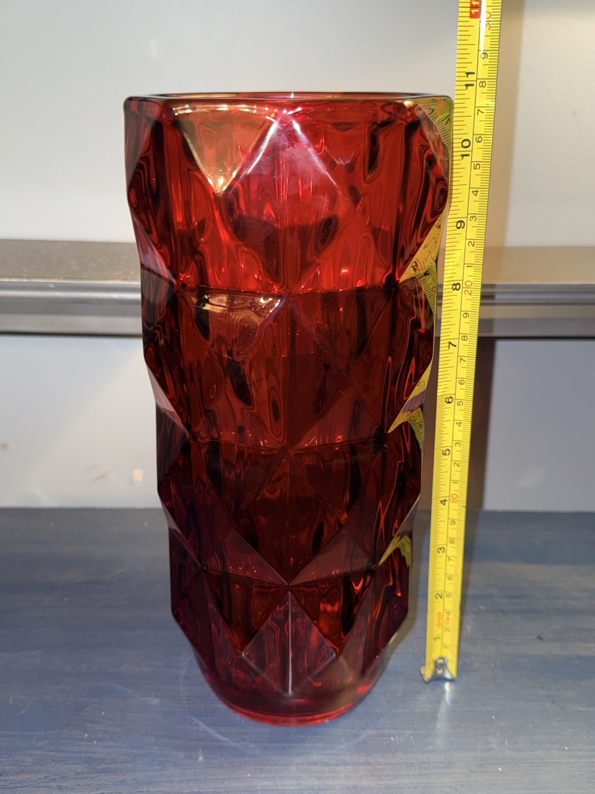NwoT Elegant Ruby Red 10.5” Glass Vase-Ribbed Diamond Pattern