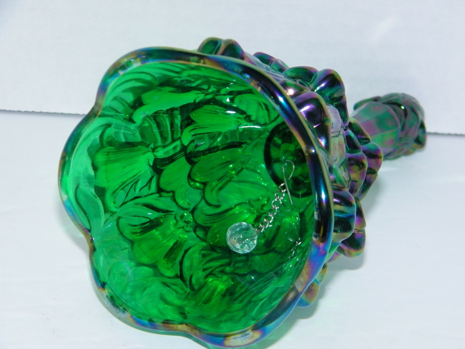 Fenton Bell Green Iridescent Carnival Embossed Temple Bells Lily of the Valley