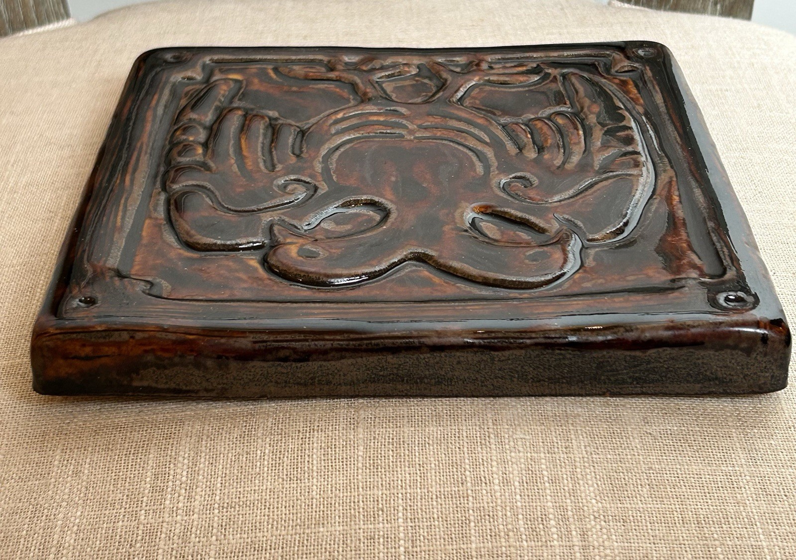 VTG Pewabic Pottery Two Headed Imperial Eagle 7.5” Tile With Tortoiseshell Glaze
