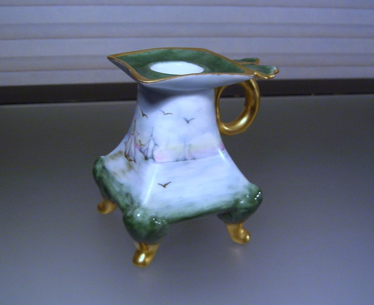 Antique Porcelain Chamberstick Austria Hand Painted Seascape Sailboats Signed