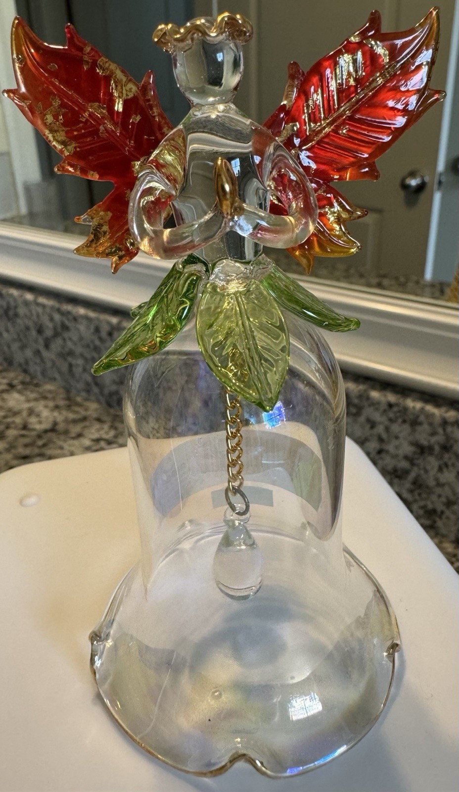 Aurora Art Glass Angel Decorative Bell Clear Red/Green, Made in China MPN 09326