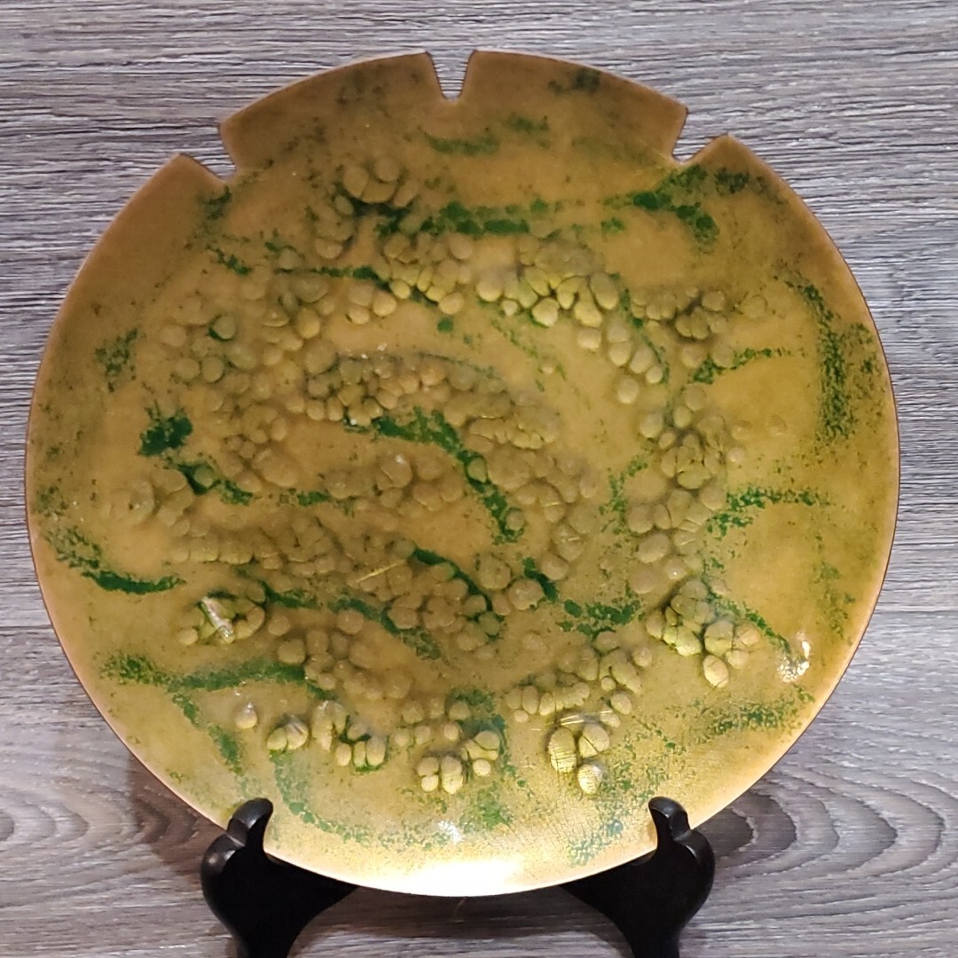 MCM Tabletop Ashtray / Trinket Dish – Gold Green Enamel Flat Metal Round 8″