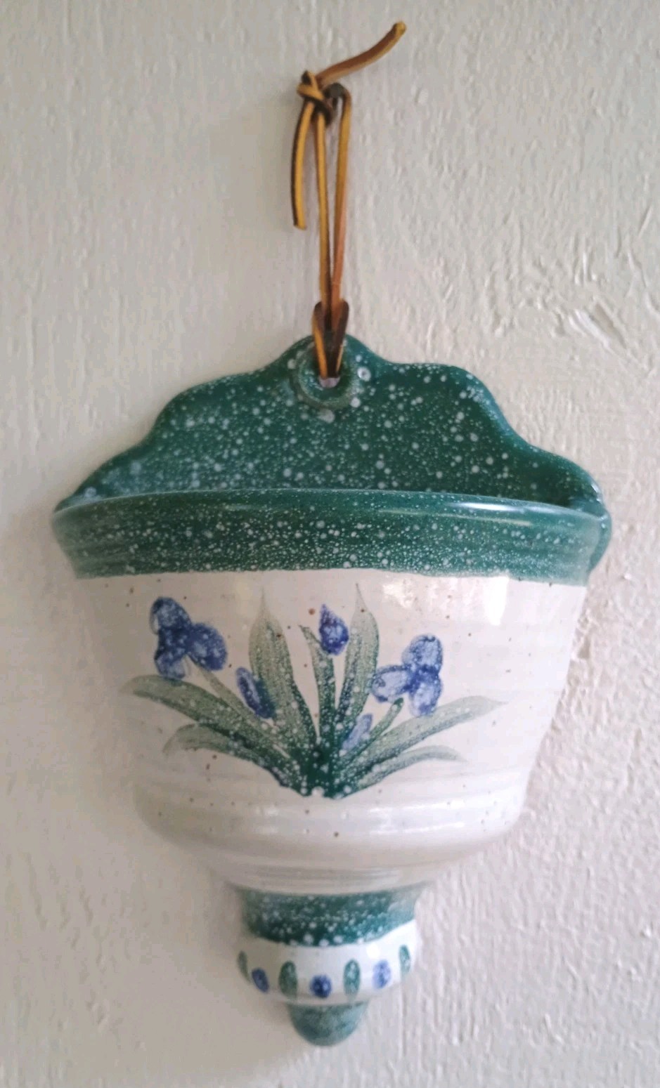 Nancy Gertig Green with Purple Iris Wall Pocket Stoneware Signed RTH RARE!