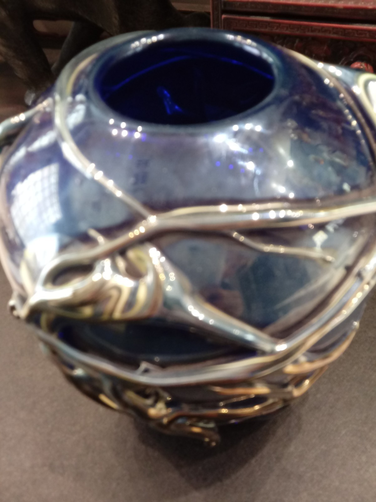 1988 CC Wallers Signed Studio Art Glass Cobalt And Silver Vase 7 Inches Tall