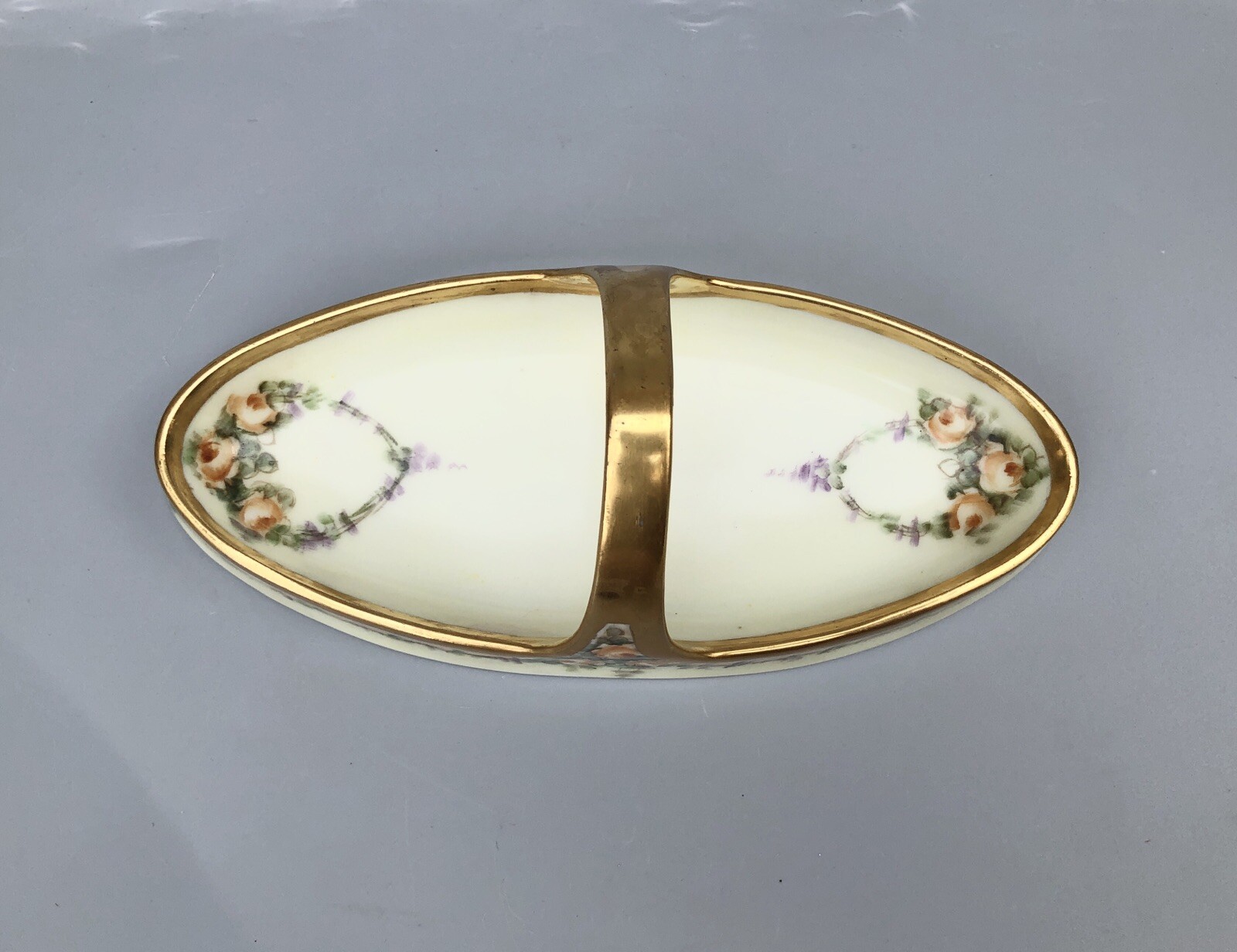 Vintage RS Germany Oval Porcelain Bowl Shallow Basket Pink Rose Gold Gilt