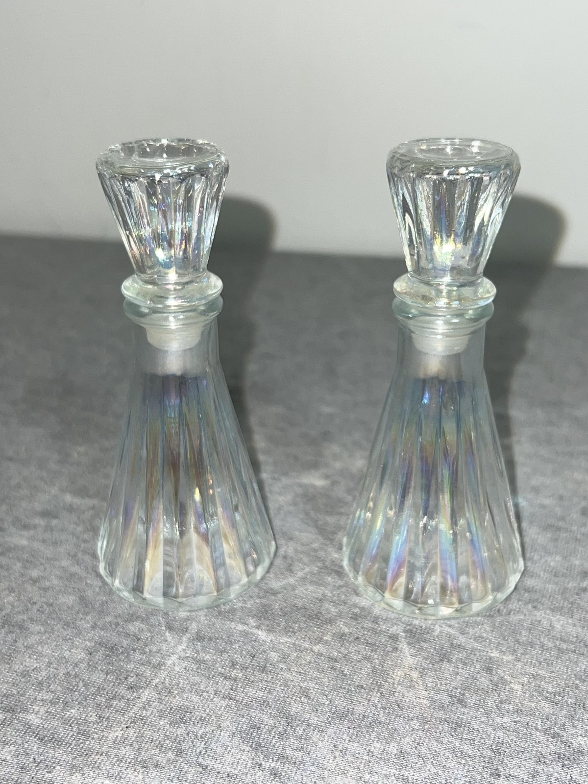 Vintage Avon Glass Perfume Bottles Pair Clear Iridescent Stoppered Vanity Decor
