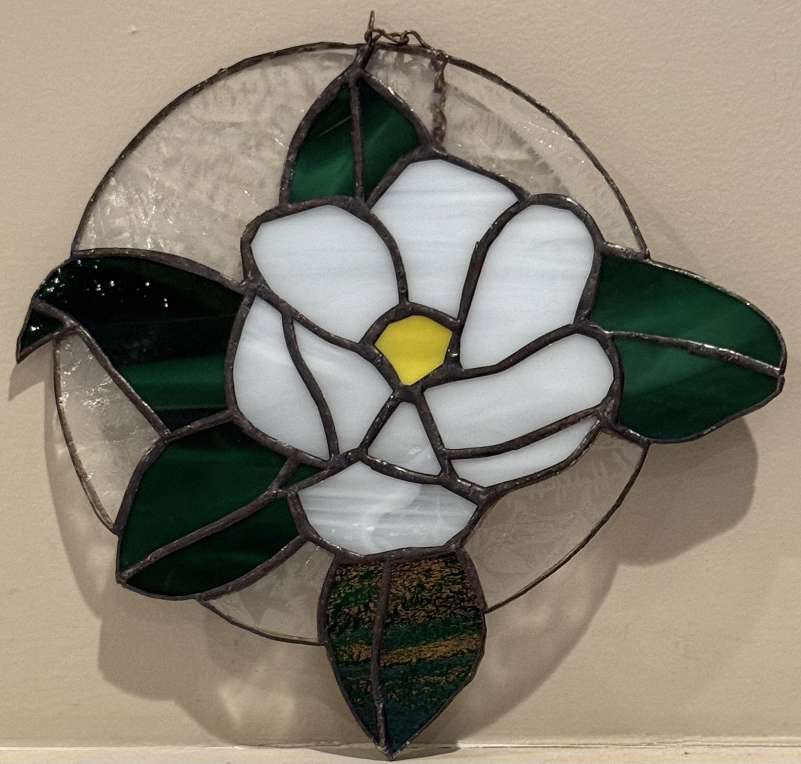 Stained Glass White Magnolia w/ Green Leaves Suncatcher 8” x 8.5” w/ 3.5″ Chain
