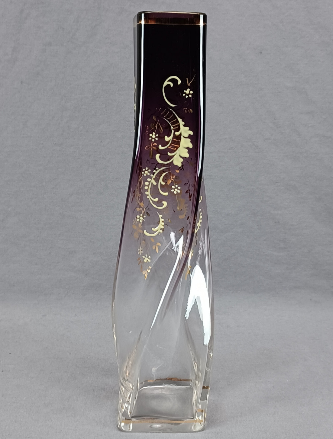 German Schliersee Yellow & Gold Floral Scrollwork Purple Clear Glass Twist Vase