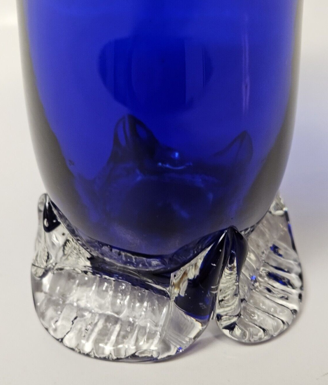 Hand Blown Glass Basket Cobalt Blue Clear Applied Handle and Feet 10″