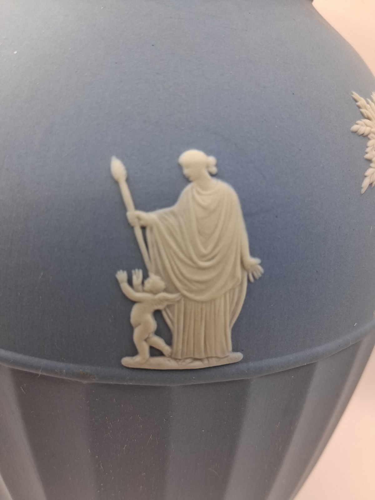 Vtg. Uniq Wedgwood Blue Off White Jasperware Vase W Classical Scenes. England