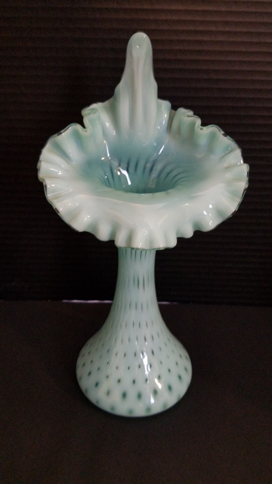 FENTON AQUA BLUE OPALESCENT COIN DOT JIP Jack in the Pulpit VASE 11″H