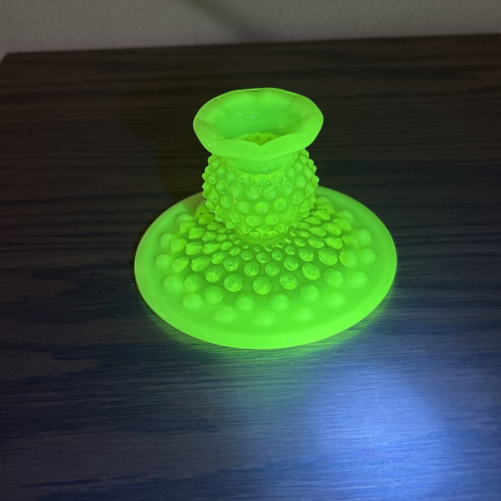 1 Fenton Hobnail Candlestick Holder Vaseline Topaz Opalescent Uranium 3” H
