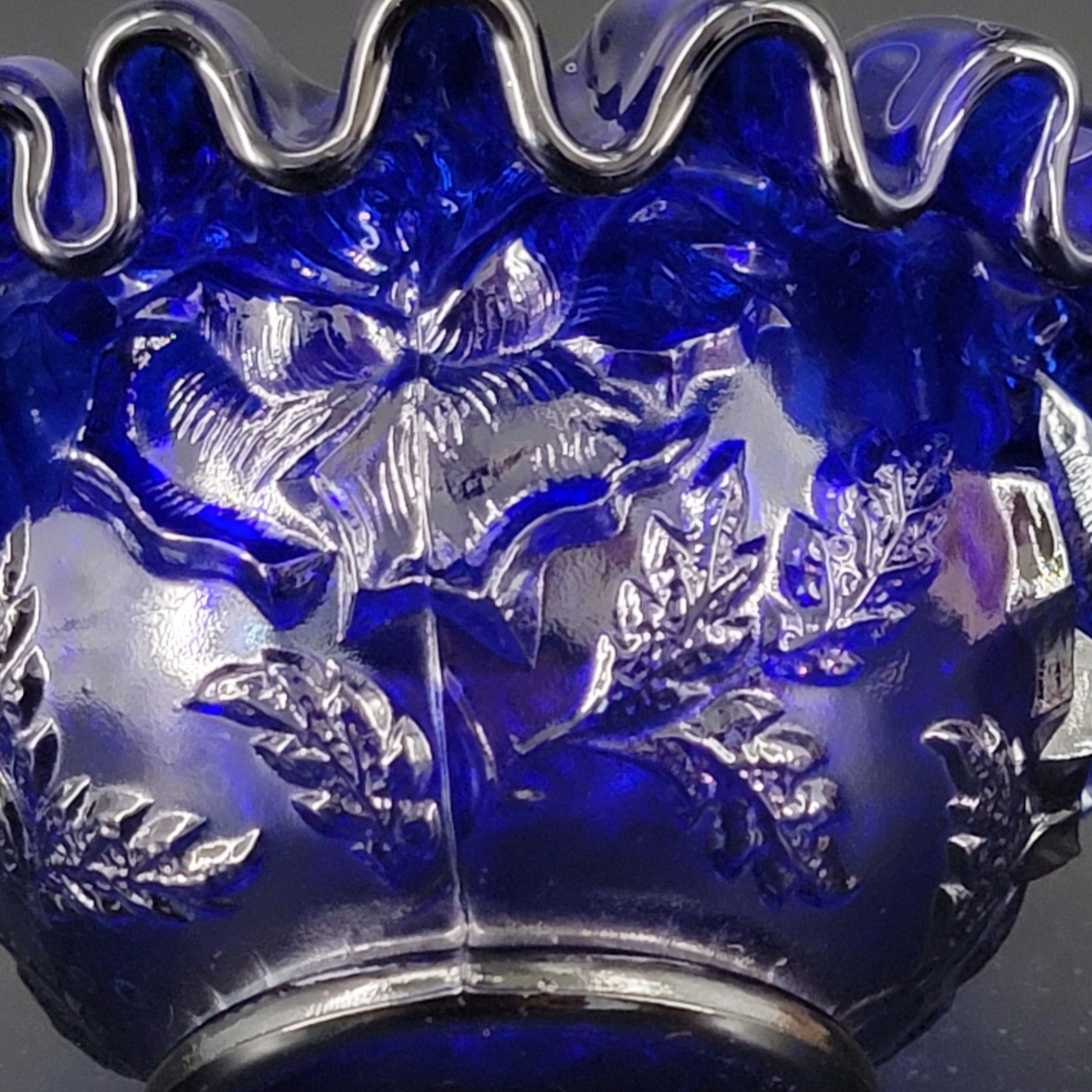 LG Wright Fairy Lamp Embossed Rose Cobalt Blue Glass Ruffled Edge BASE ONLY