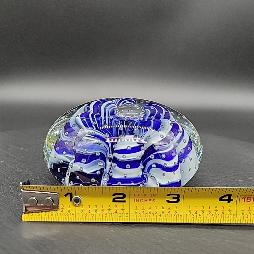 Glass Paperweight – Blue + White Design with Lots of Small Bubbles 3.5″ 1lb 8oz