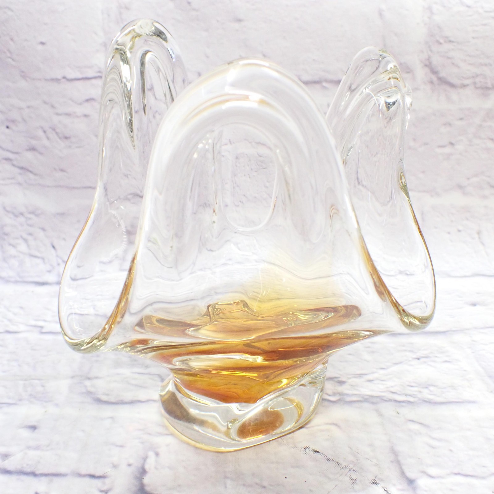 vtg Hand Blown Art Glass Freeform Ruffled Vase Gold Pedestal Table Decor Display