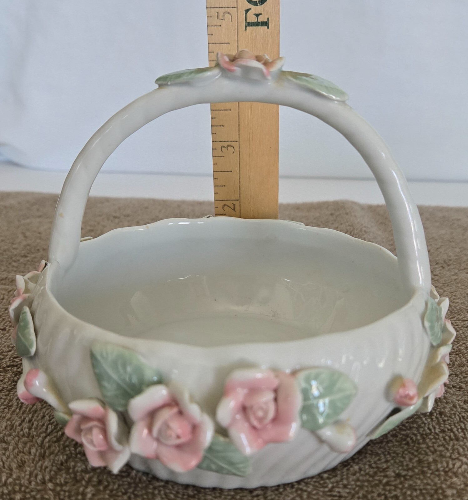 Vintage Ceramic Pink Rose Floral Basket-5 inch High-5.75 inch Diameter