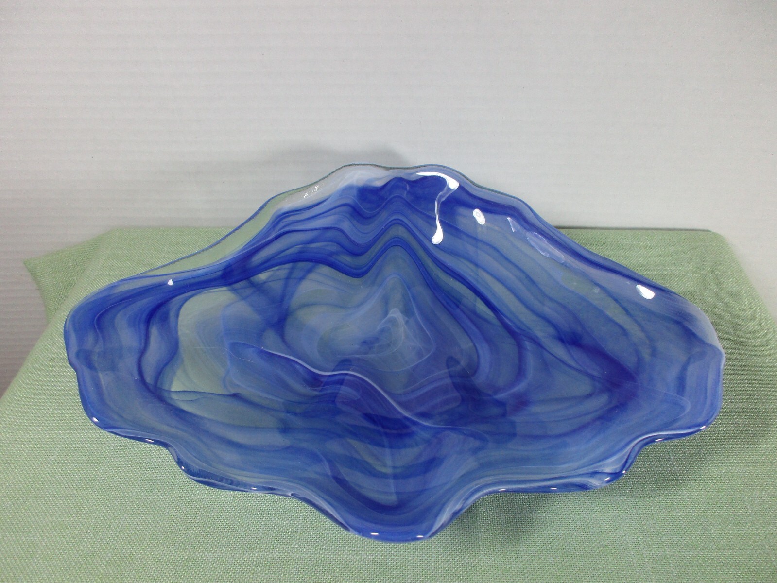 Blue and White hand blown glass dish murano? 11×8