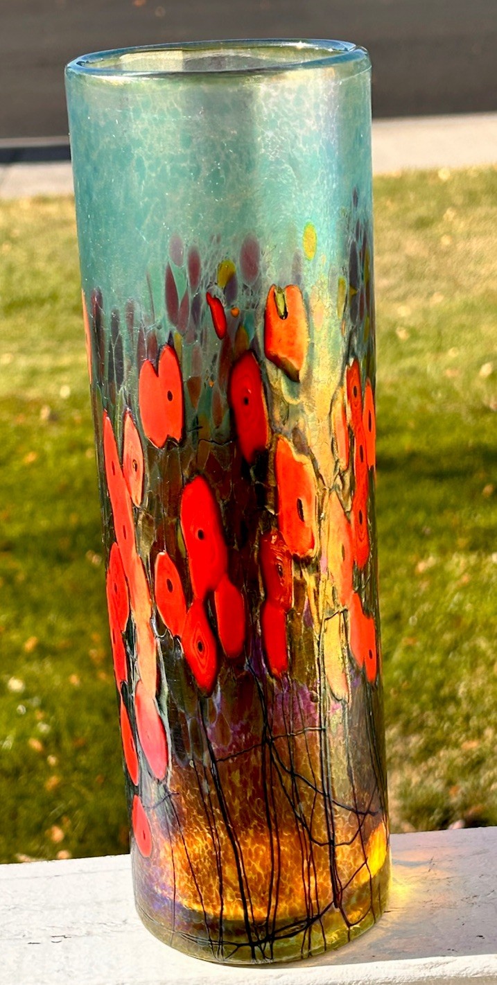 Robert Held California Poppy Cylinder Art Glass Vase Signed Approx 11”H