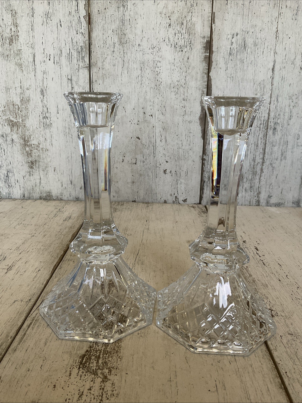 Vintage Clear Cut Glass Style Candlesticks – Octagon Base Fluted Stem