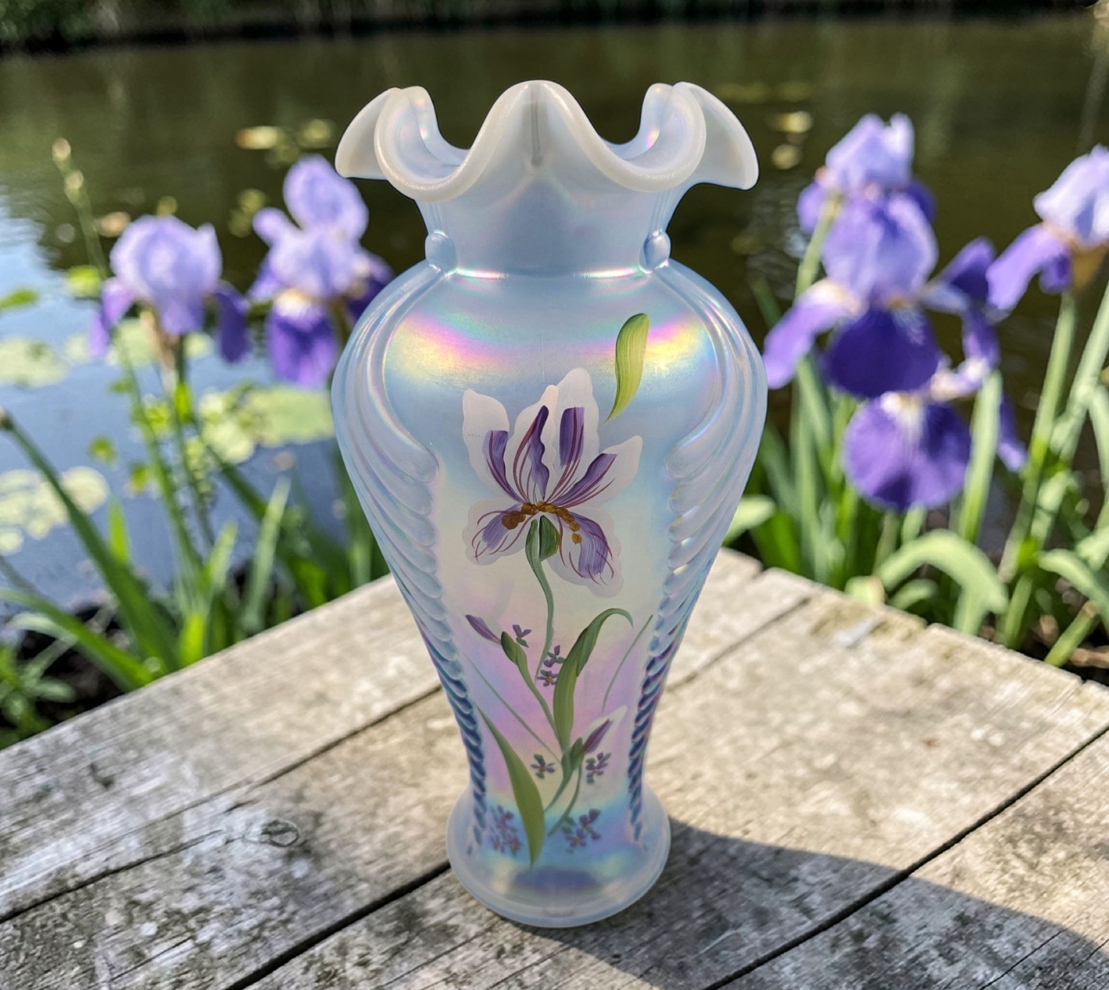 Fenton 1997 Irises on Misty Blue Satin Tall Feather Vase 2782 Iridescent 11″