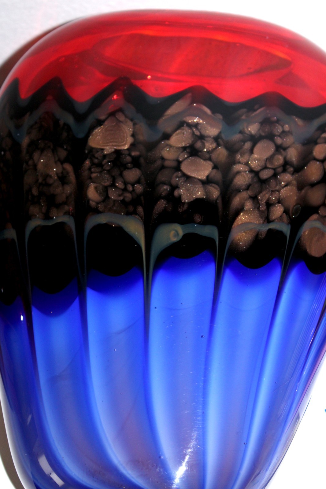 Studio Art Glass Vase Red Blue Black Sommerso w Copper Flecks – 12 lbs 14 inch
