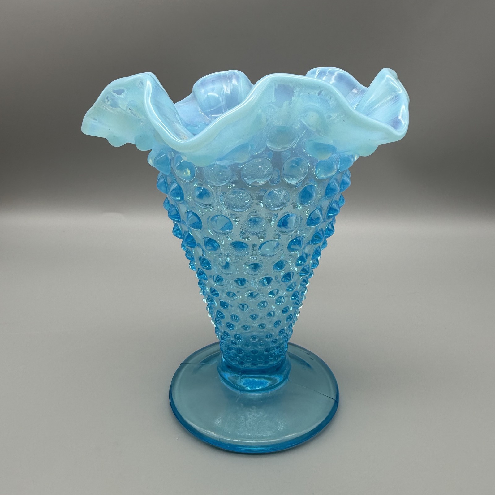 Fenton Blue Opalescent Hobnail Vase Ruffled Art Glass Decorative Flower Holder
