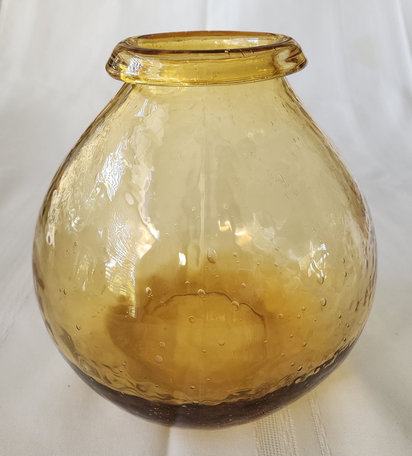 Large Solid Color Golden Amber Bulb Vase W/Bubbles & Fold-over Top Rim 8″Hx8″W