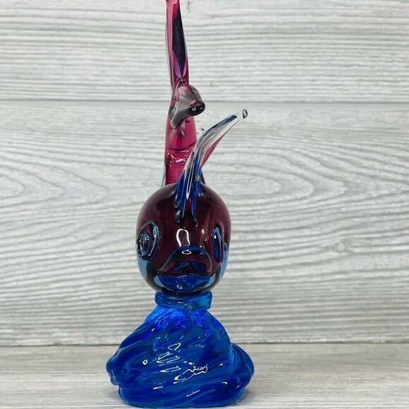 Murano Venetian red and blue blown glass jumping fish decoration figurine statue