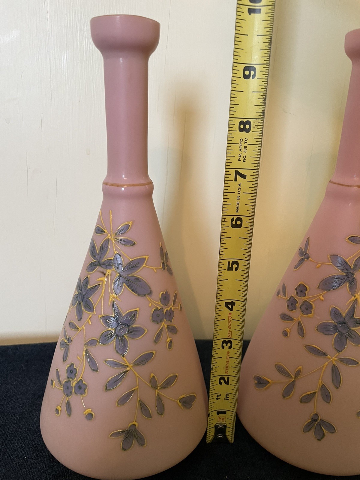 Pair of Victorian Art Glass Decorated Pink Satin Mantel Vases Thomas Webb