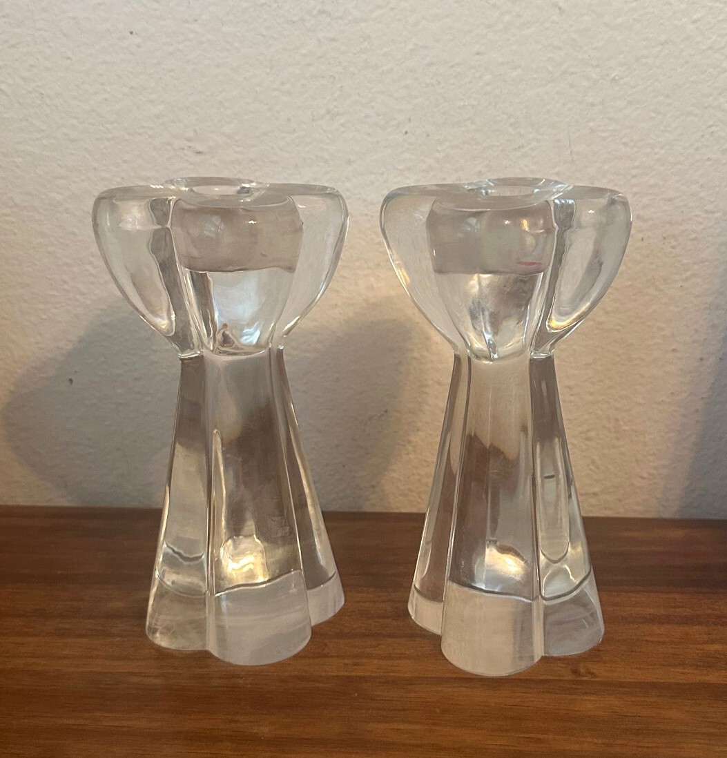 Pair of 2 BACCARAT France Diomede Clover Lobed Crystal Candlestick Holders, 7″